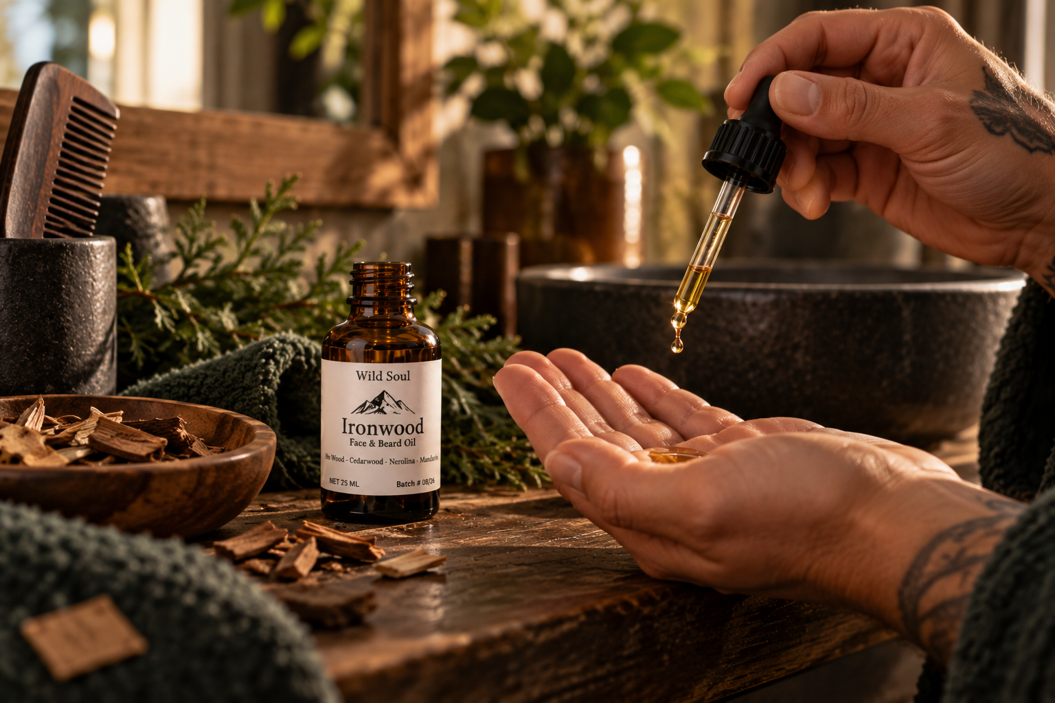 Iron Wood Face & Beard oil lifestyle image by Wild Soul