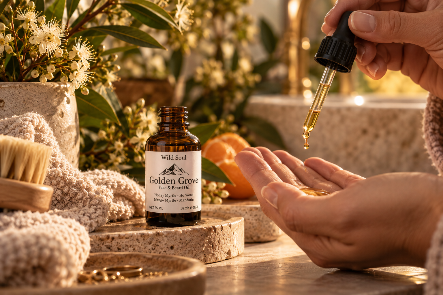 Golden Grove Face & Beard Oil lifestyle image by Wild Soul